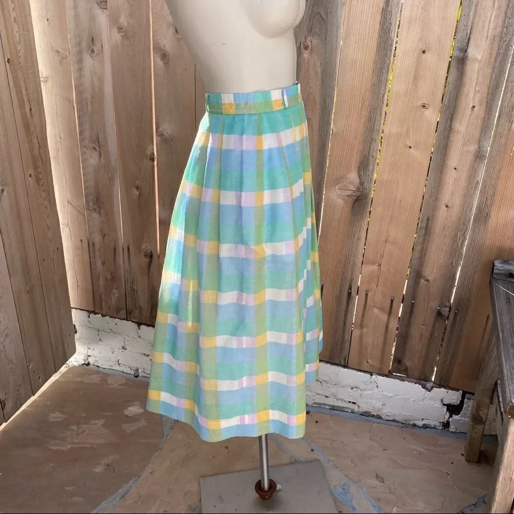 Vintage 70’s Pastel Blue green Yellow White Plaid Pleated Midi Skirt